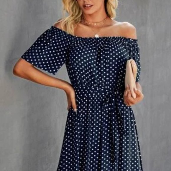 Boho polka-dot shoulder ruffle maxi dress blue - Picture 4 of 6